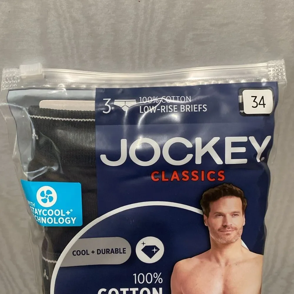 Jockey Classics Low-Rise Cotton Briefs Stay Cool Technology Black 3 Pack 34 NWT